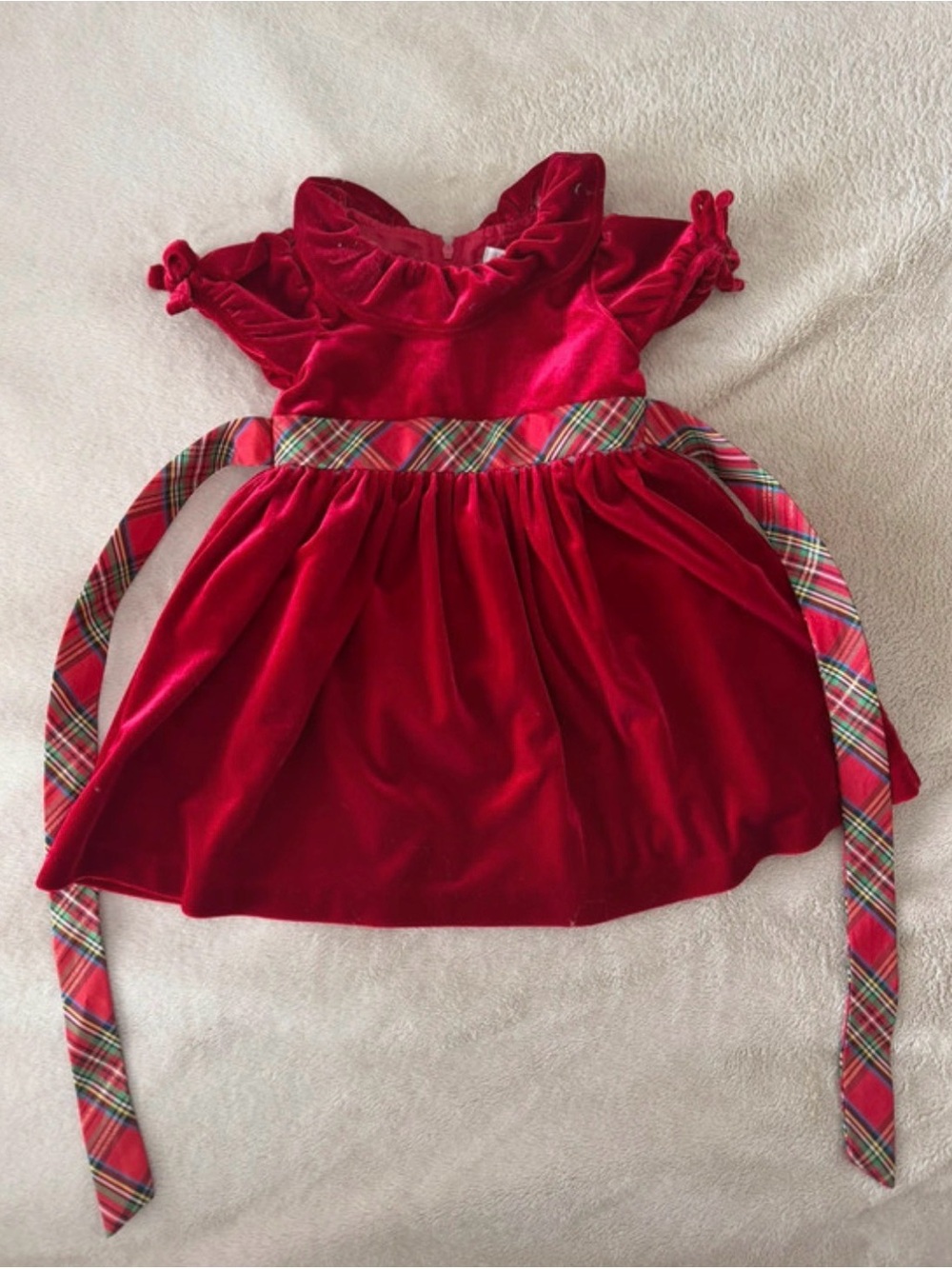 Red Velvet Holiday Dress with Plaid Sash - Kids